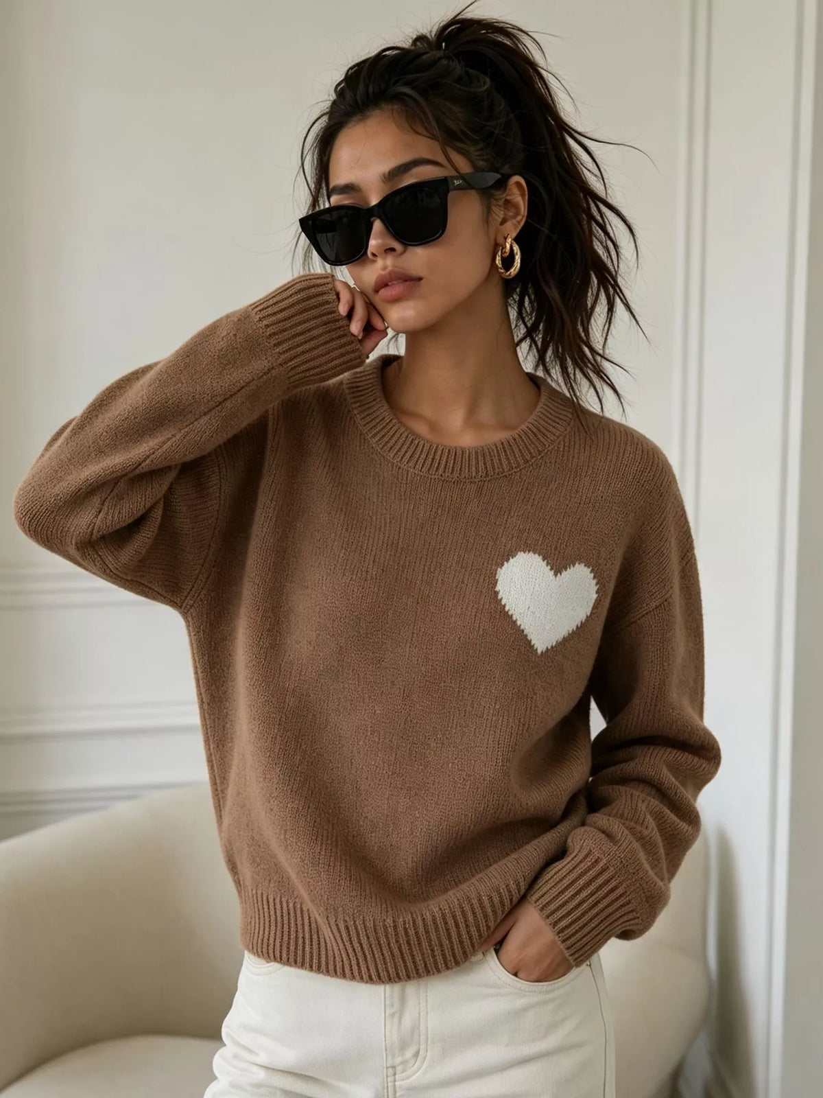 Heart Pattern Round Neck Sweater