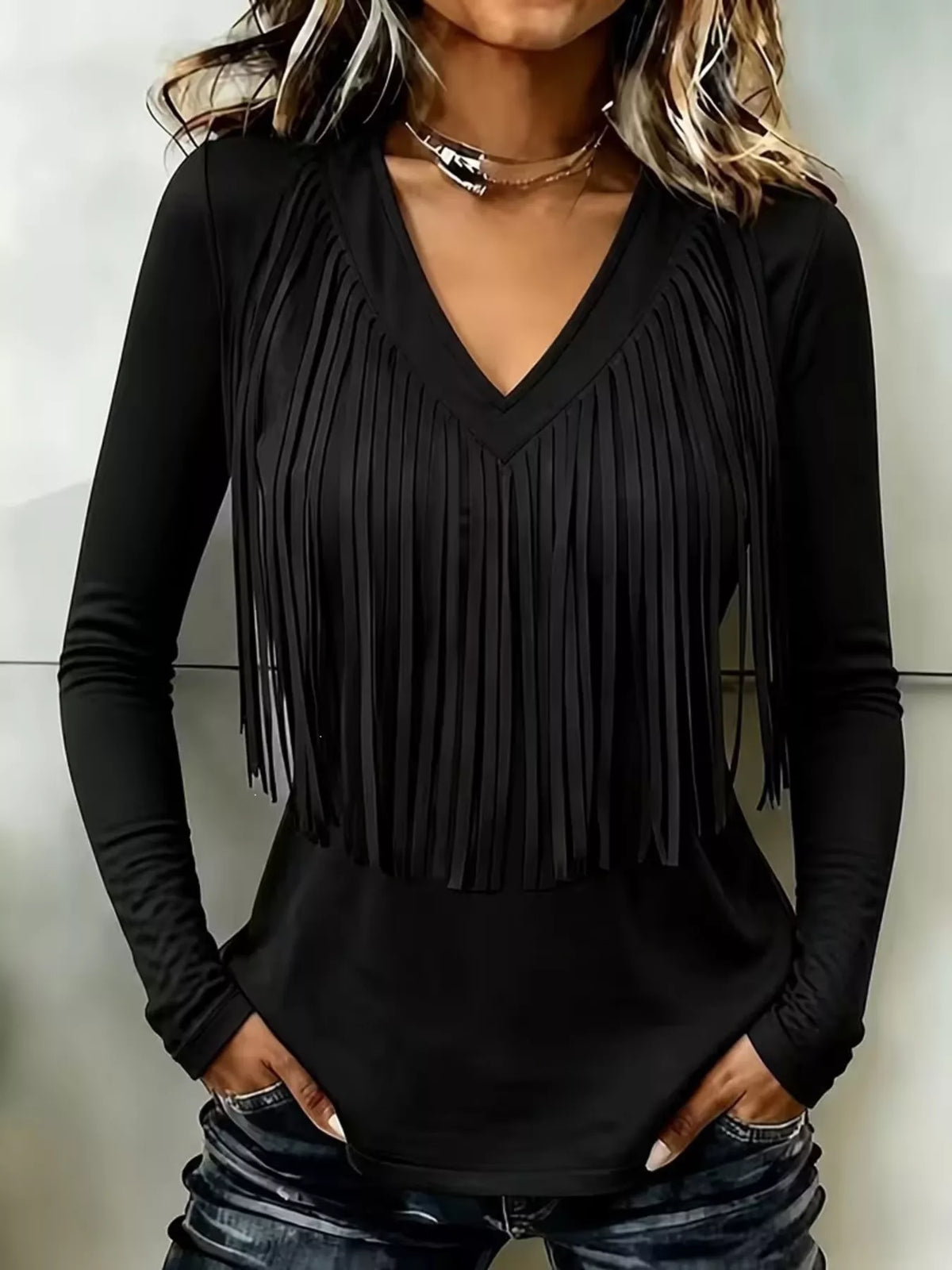 Fringe V-Neck Long Sleeve T-Shirt