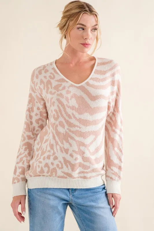 Leopard and Zebra Print Long Sleeve Knit Sweater