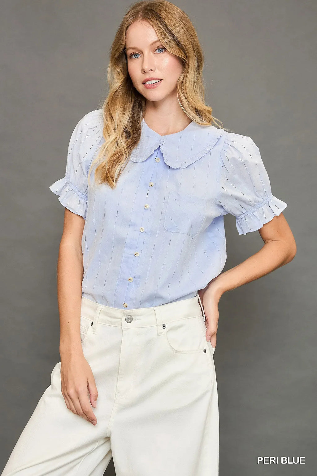 Umgee Peter Pan Collared Button Down Textured Shirt with Ruffled Detail