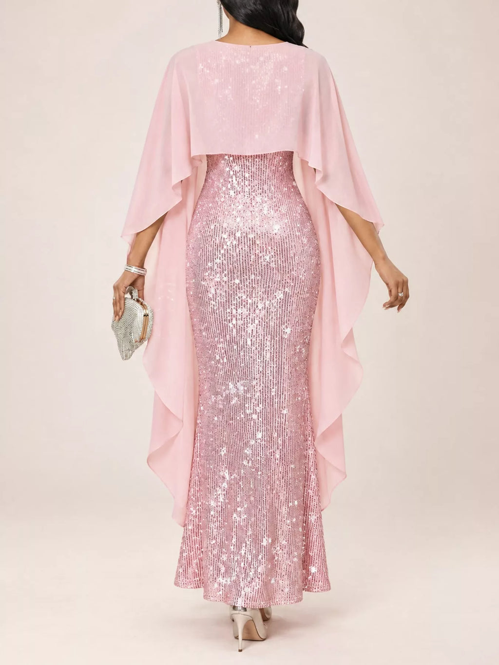 Sequin Cape Overlay Evening Dress