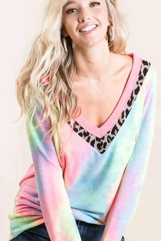 BiBi Tie Dye Terry V-Neck Top