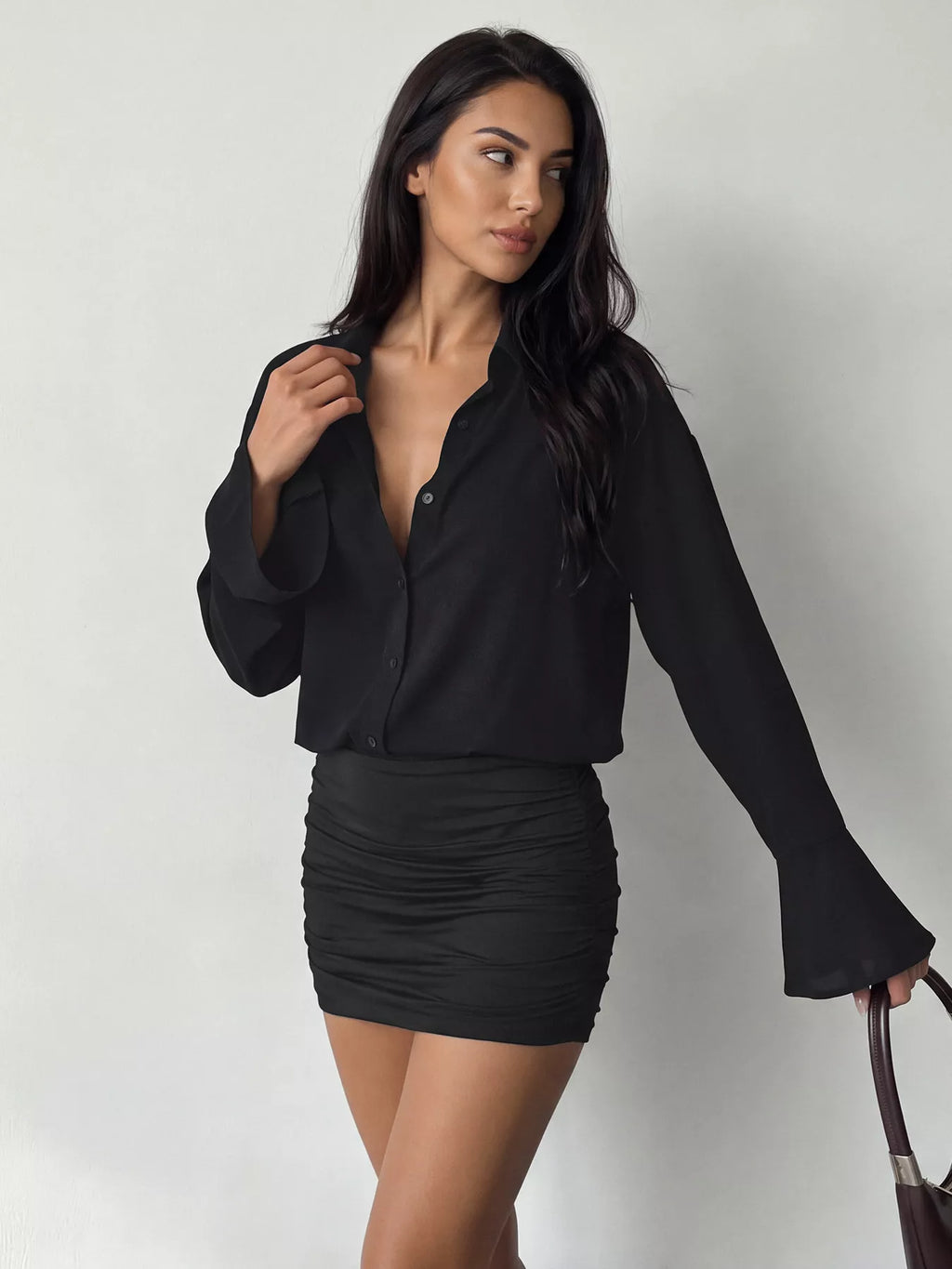 Button Front Flounce Sleeve Bodycon Shirt Dress