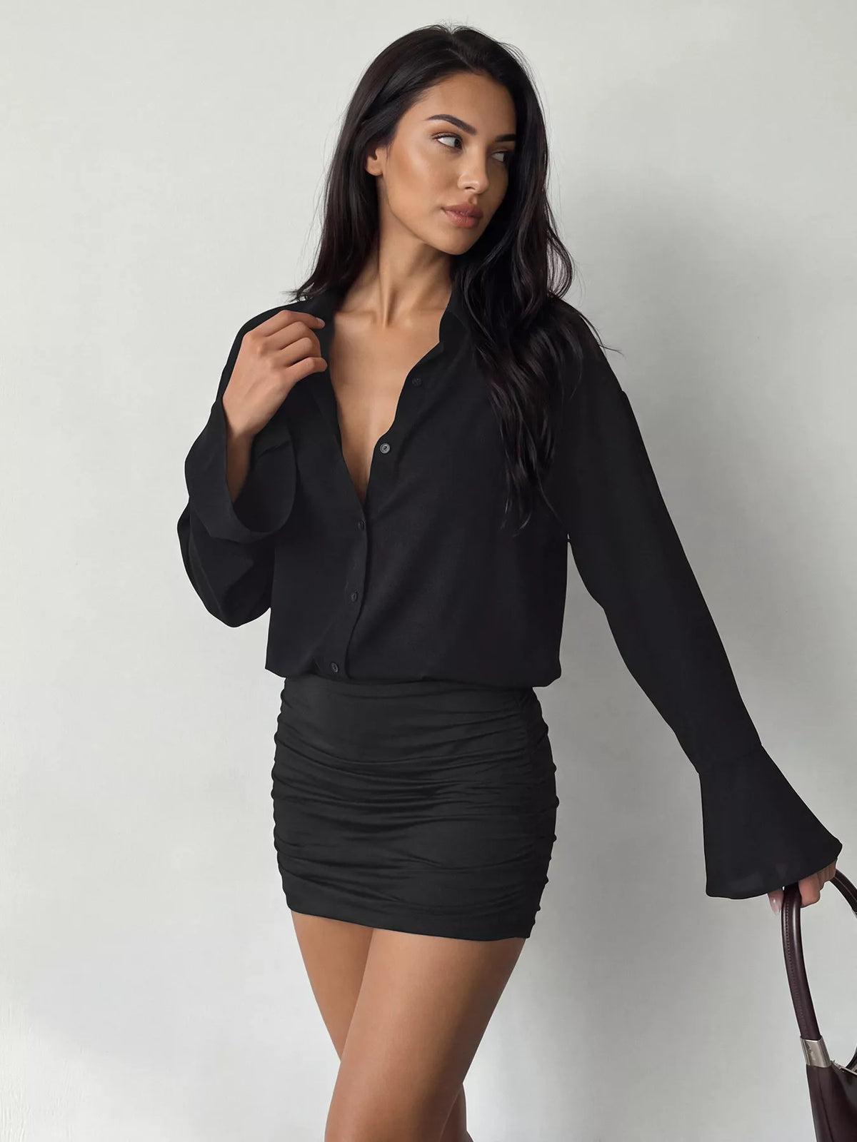 Button Front Flounce Sleeve Bodycon Shirt Dress
