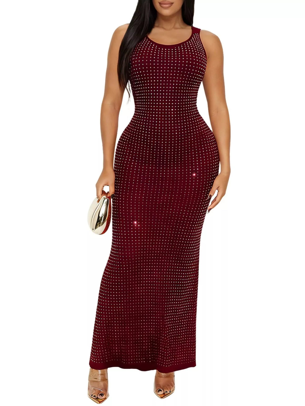 Sleeveless Rhinestone Embellished Bodycon Maxi Dress