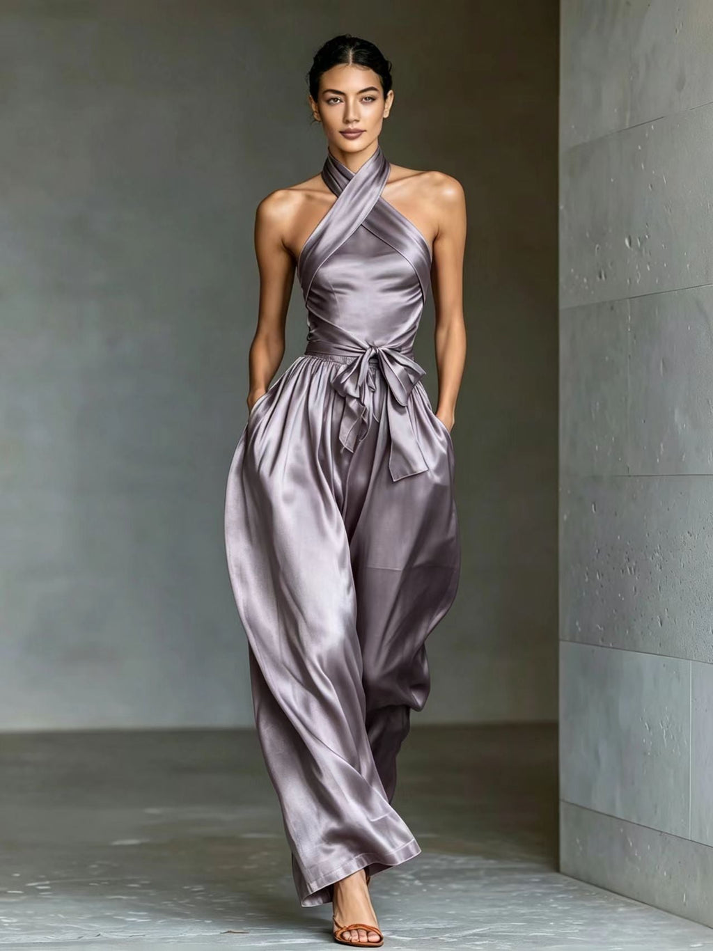 European And American Cross-border Women's Satin High-end Waist-cinching Slit Strap Solid Color Evening Dress Jumpsuit For Women