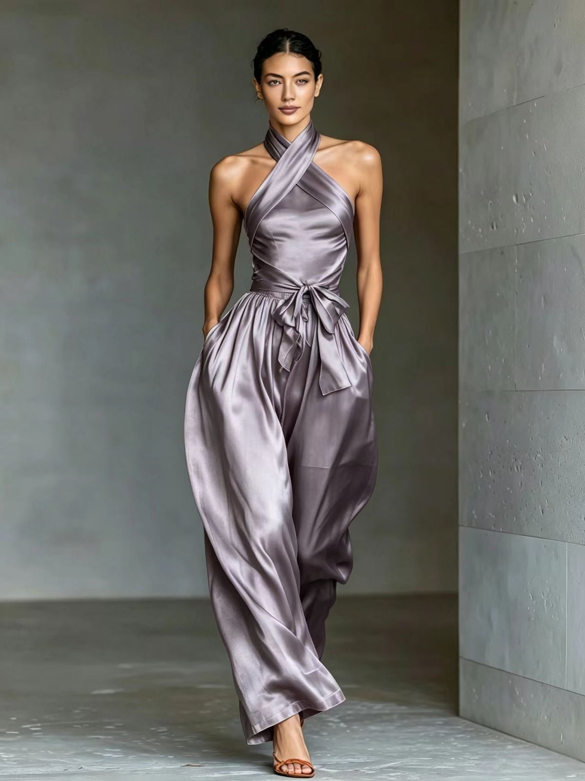 European And American Cross-border Women's Satin High-end Waist-cinching Slit Strap Solid Color Evening Dress Jumpsuit For Women