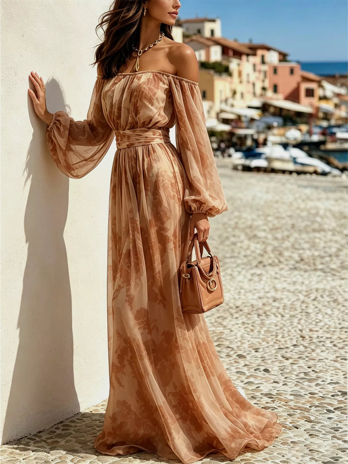 Off-Shoulder Balloon Sleeves Maxi Dress