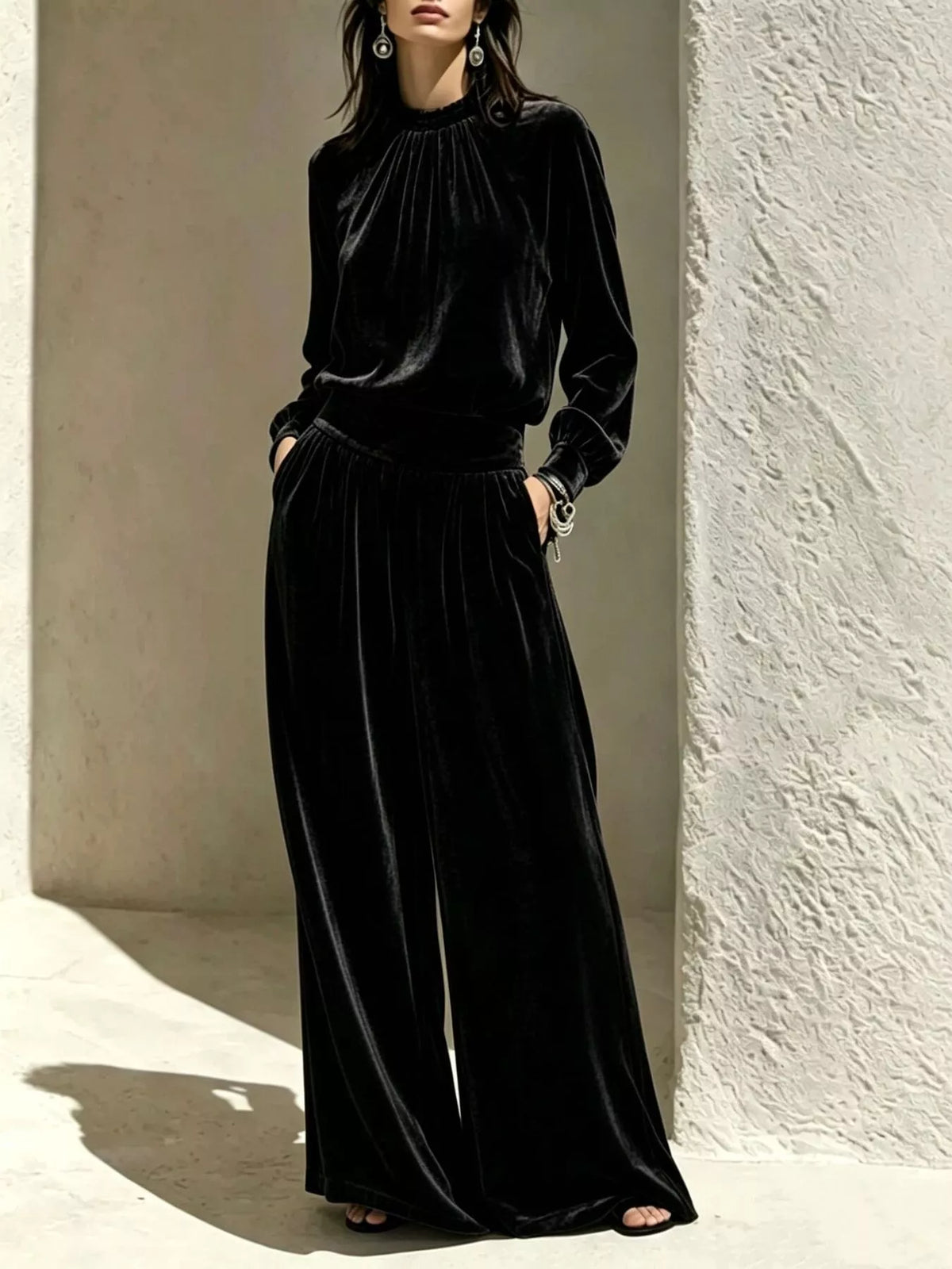 Velvet Mock Neck Long Sleeve Top and Wide-Leg Pants Set