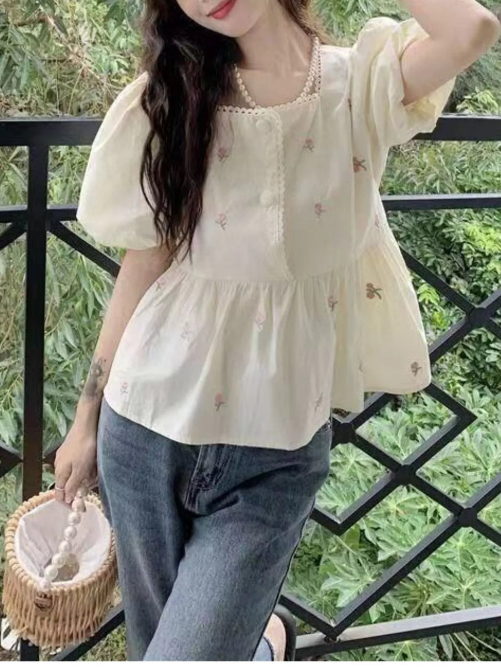 Floral Embroidered Puff Sleeve Peplum Blouse