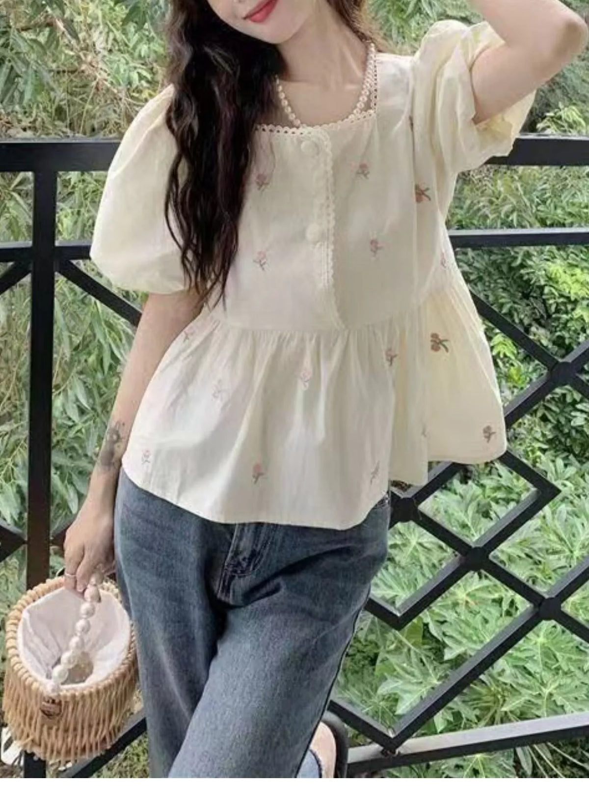 Floral Embroidered Puff Sleeve Peplum Blouse