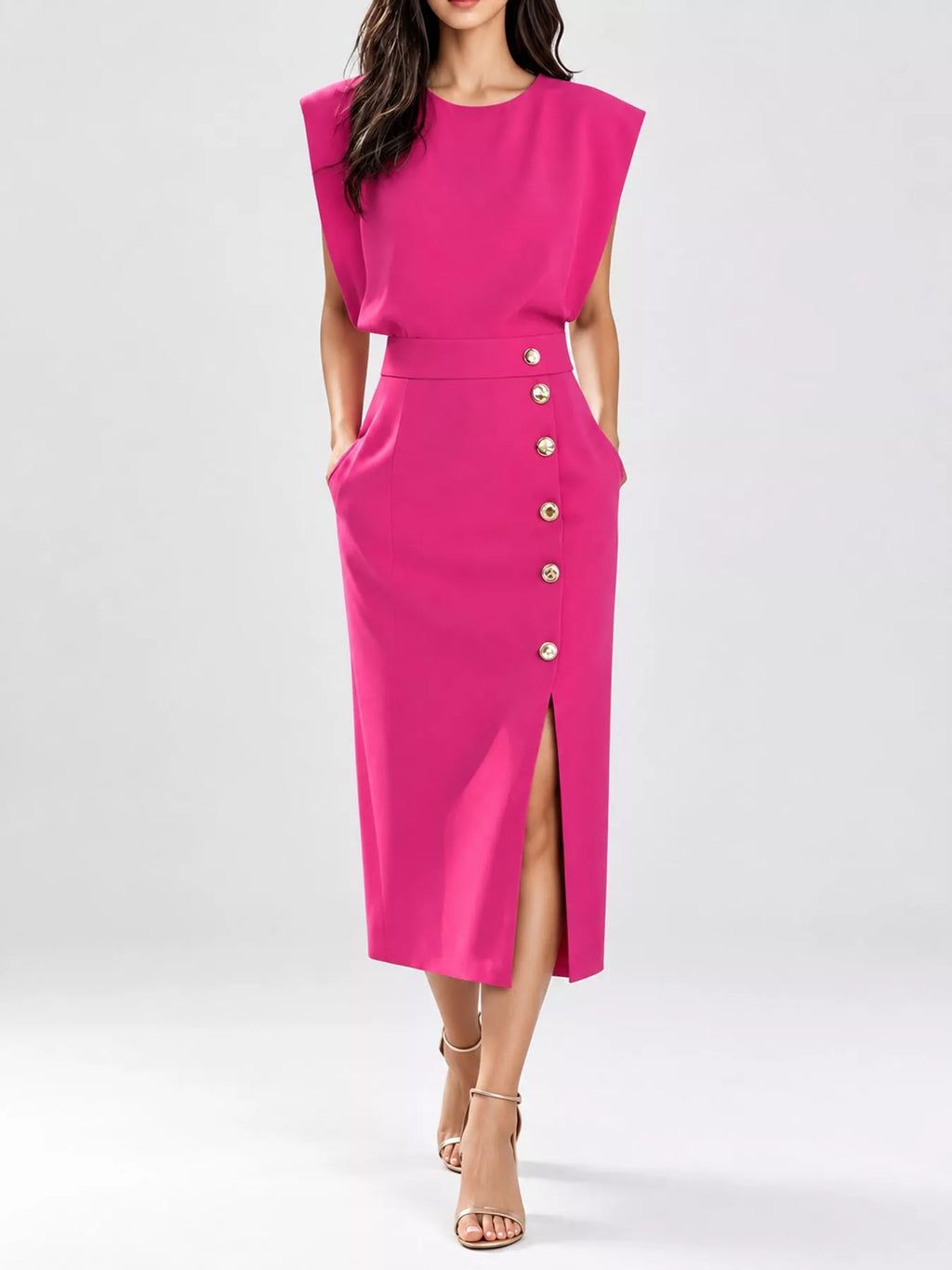 Sleeveless Midi Dress with Gold Button Detail and Side Slit