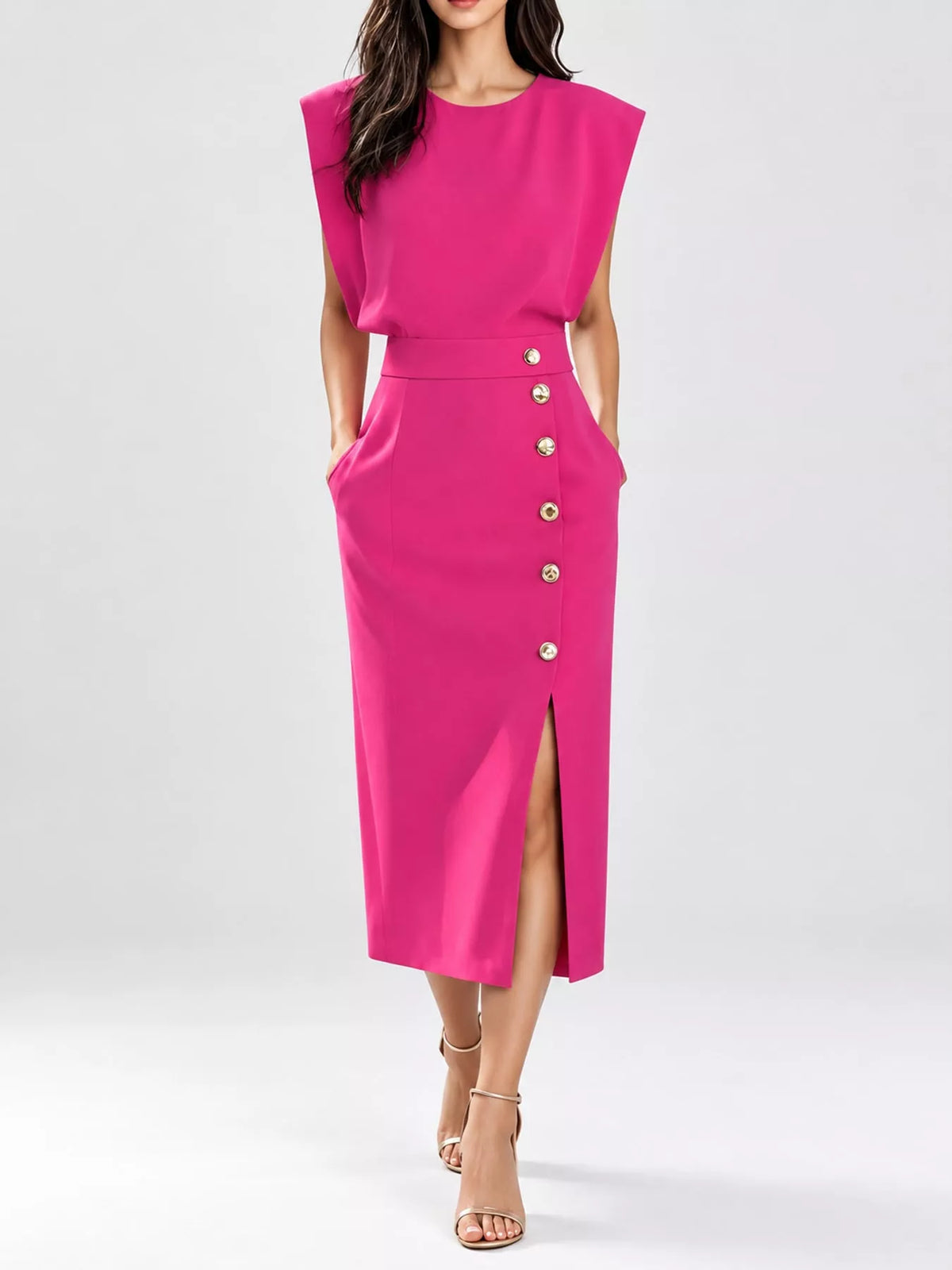 Sleeveless Midi Dress with Gold Button Detail and Side Slit