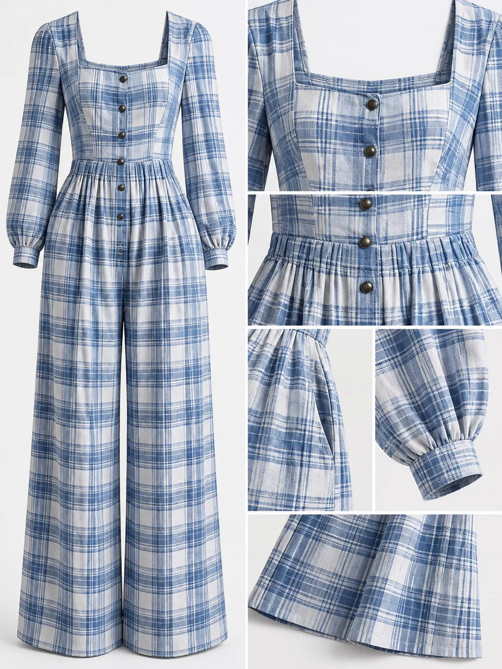 Plaid Square Neck Long Sleeve Wide-Leg Jumpsuit