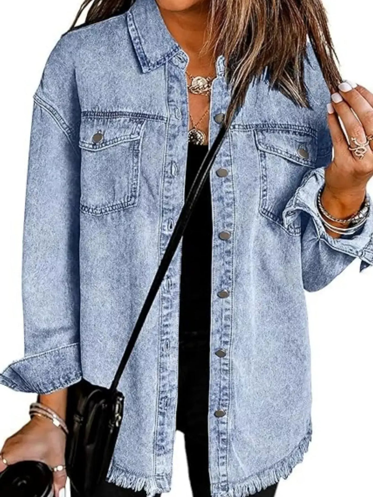 Frayed Hem Button Up Denim Jacket