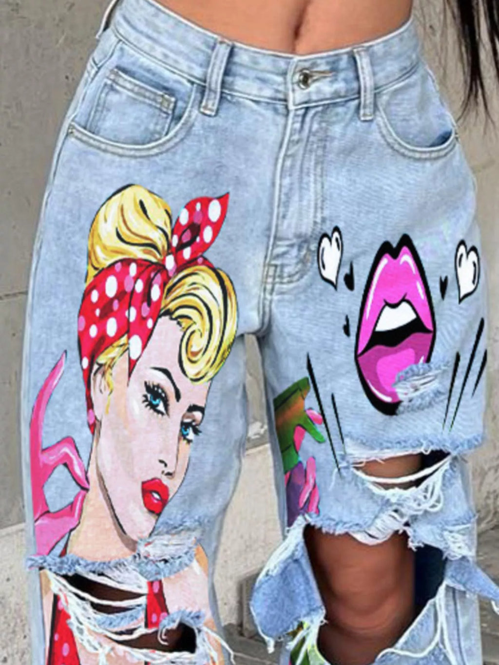 Full Size Art Print Distressed Wide-Leg Jeans Plus Size