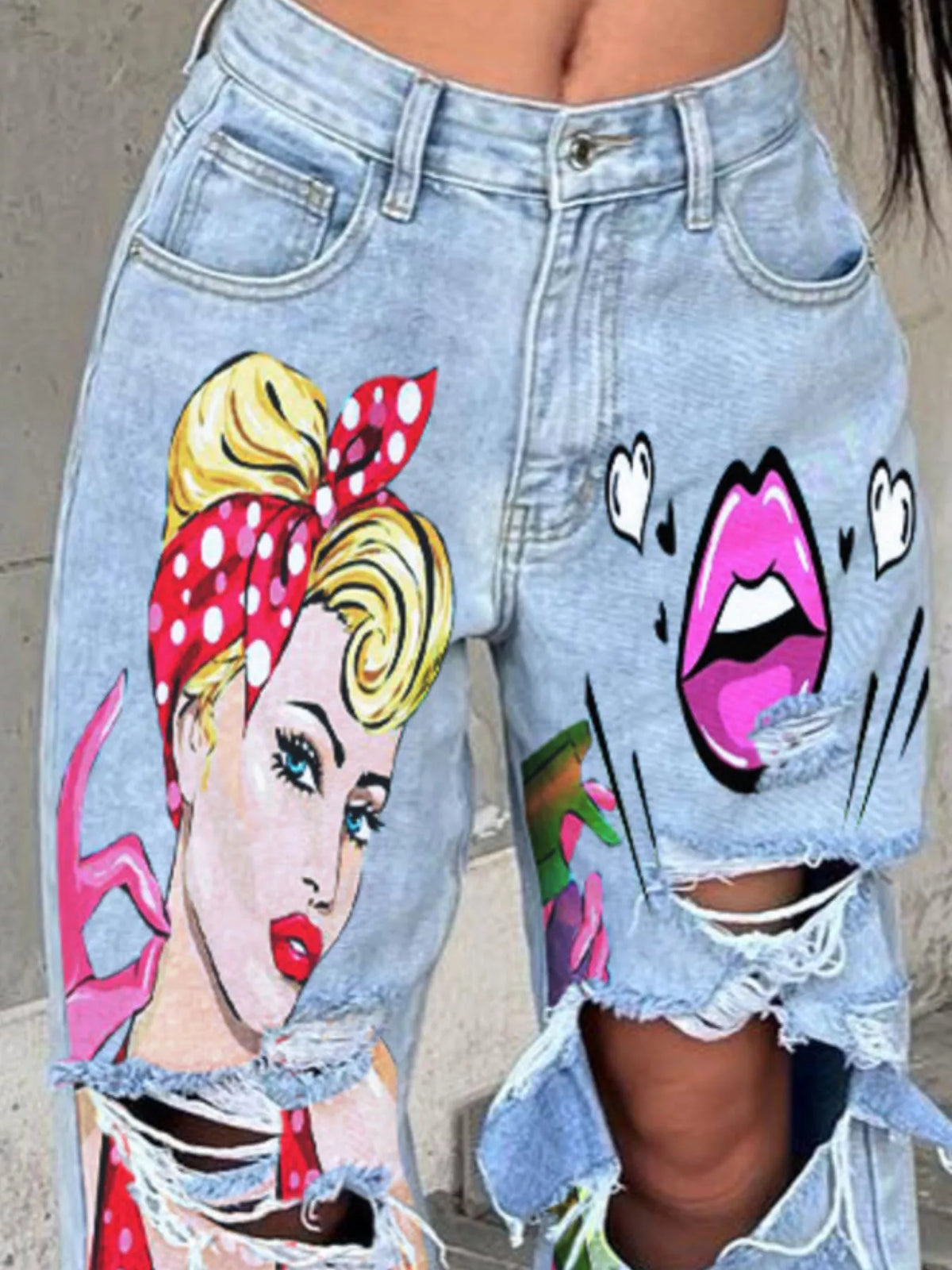 Full Size Art Print Distressed Wide-Leg Jeans Plus Size