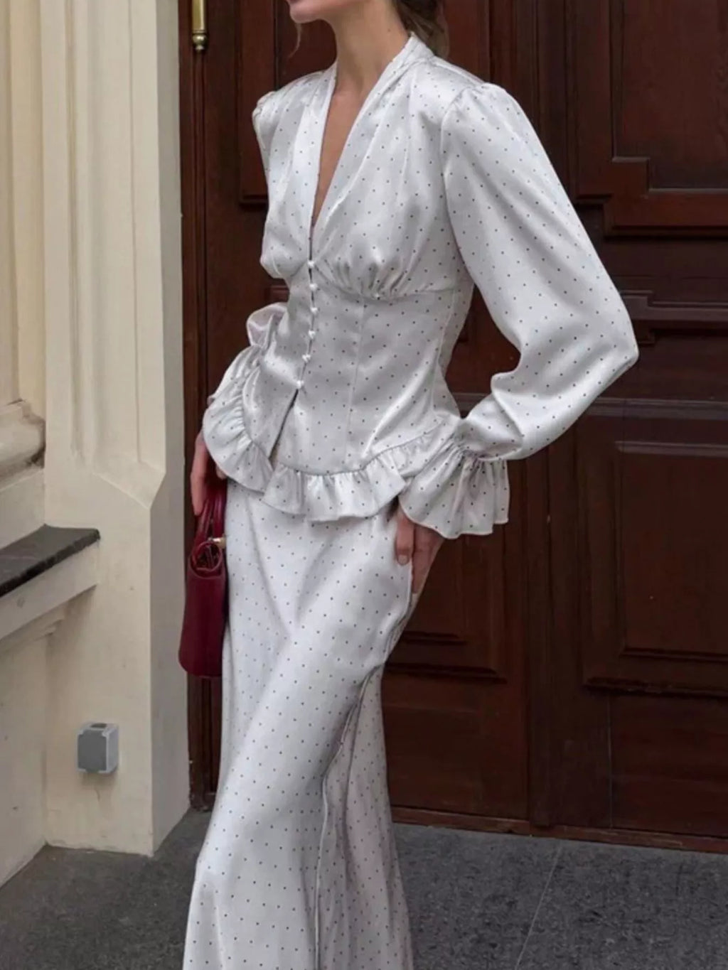 Satin Polka Dot Top and Skirt Set