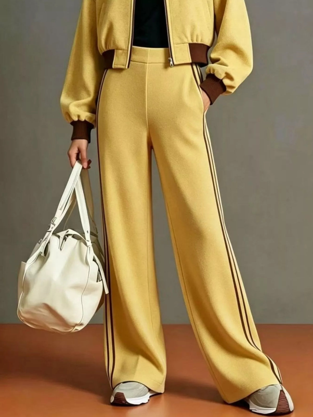 Contrast Ribbed Jacket and Wide-Leg Pants Tracksuit Set