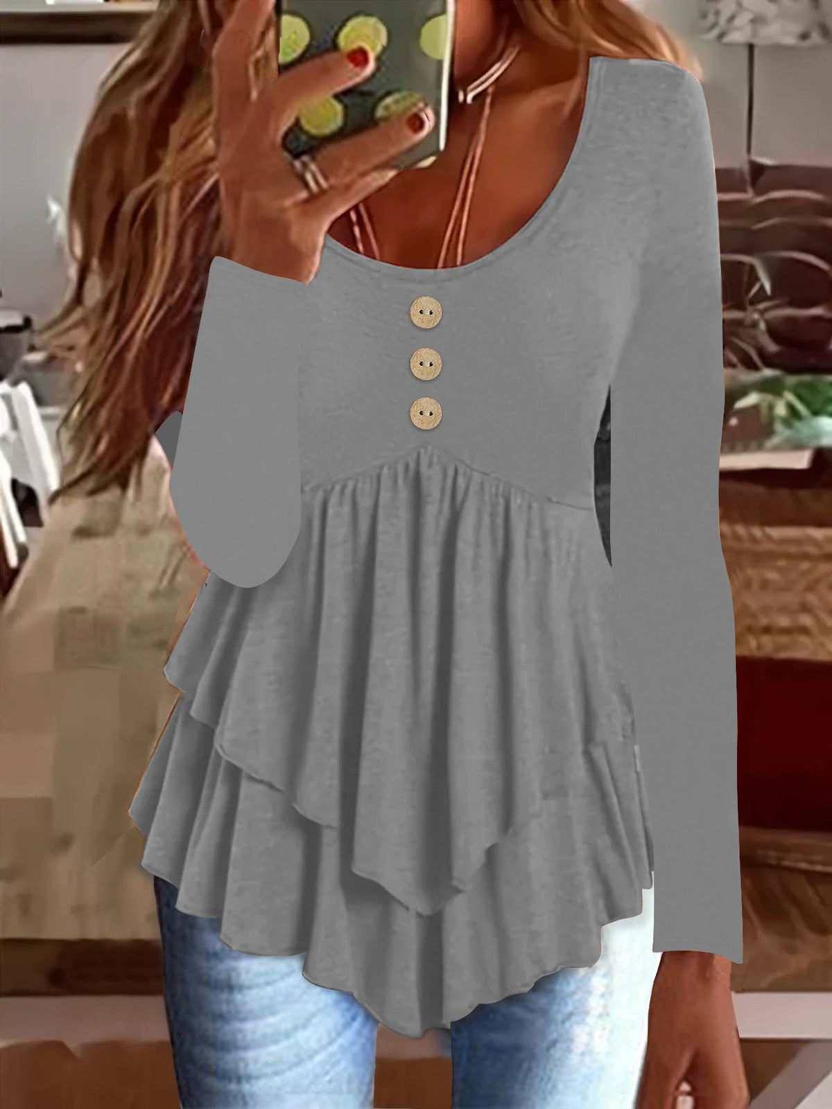 Women's Fashion Three-button Casual Long-sleeved Top