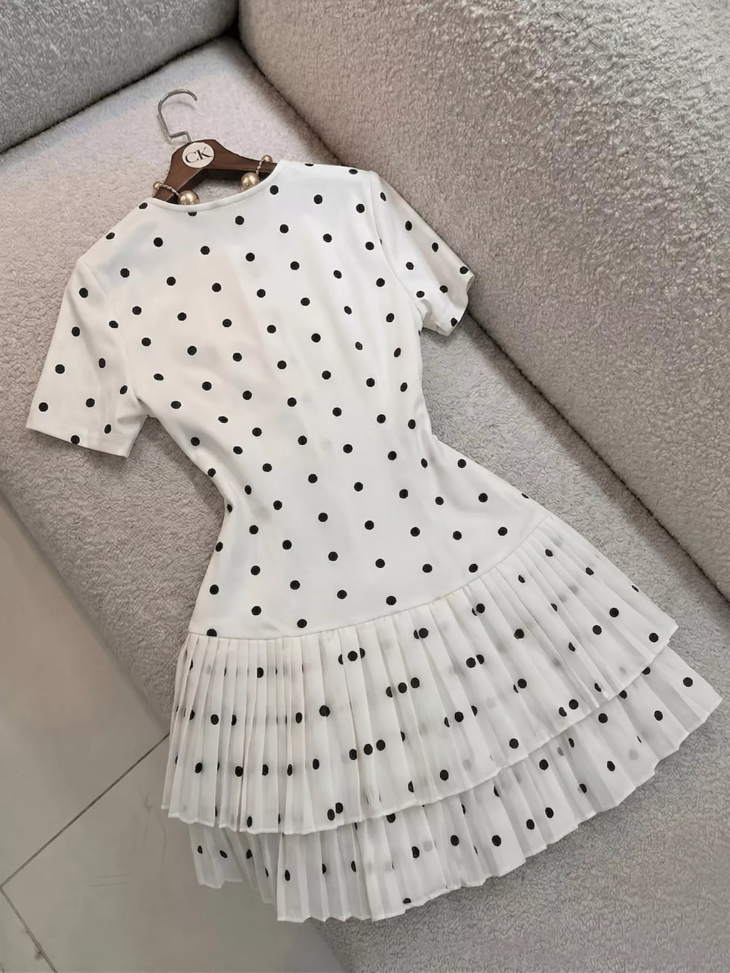 Polka Dot Pleated Hem Mini Dress