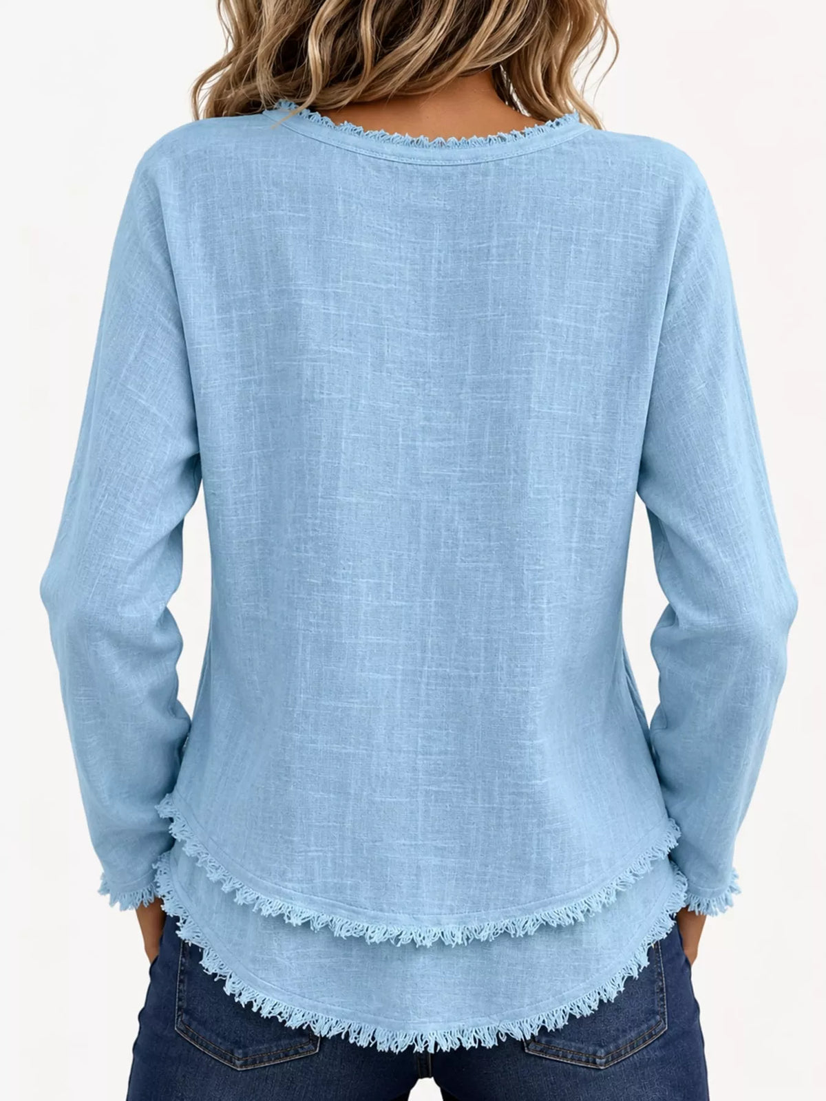 Full Size Frayed Hem V-Neck Long Sleeve Blouse Plus Size