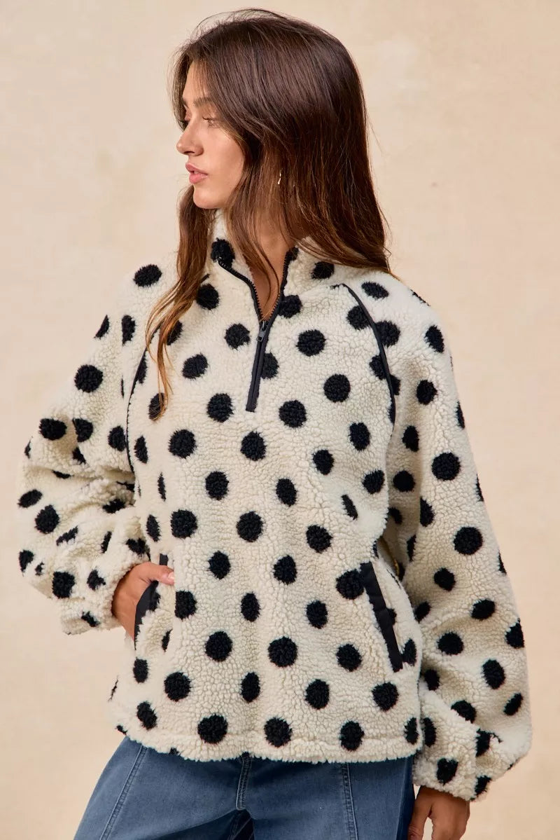 BiBi Polka Dot Sherpa Half Zip Up Top with Side Pocket