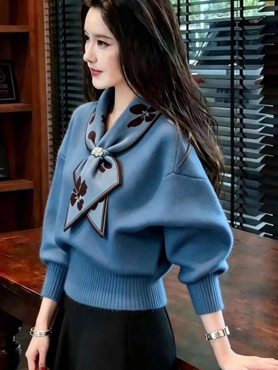 Bow-knot Collar Warm Knitted Sweater For Women