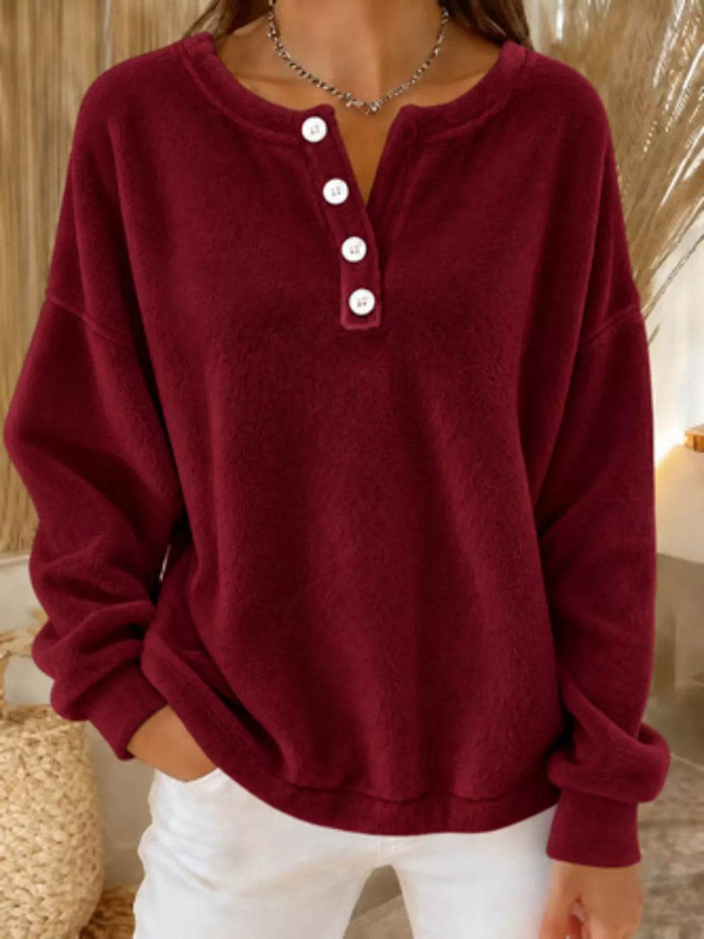 Button Detail Dropped Shoulder Sweatshirt