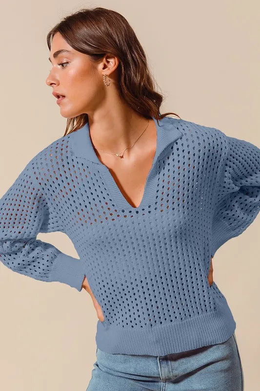 Open Knit Polo Collar Sweater with V-Neck and Long Sleeves