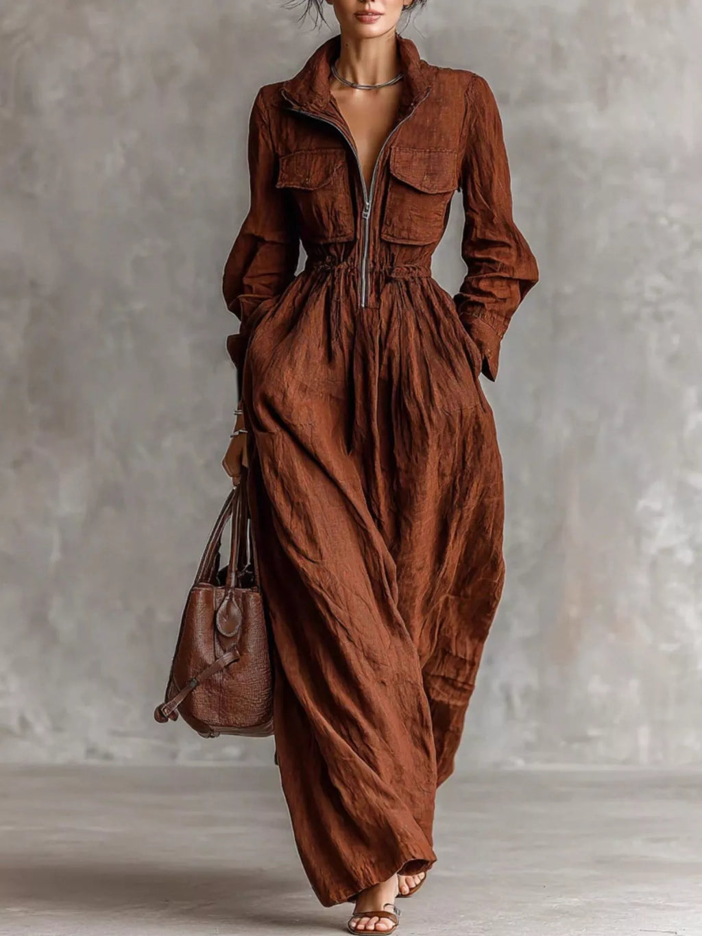 Zip-Front Long Sleeve Maxi Shirt Dress