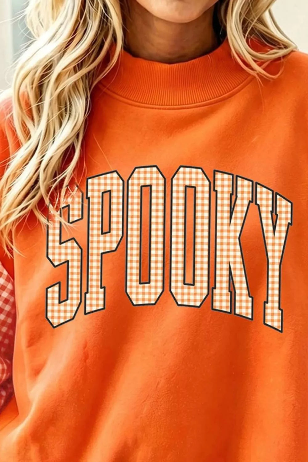 Plaid Contrast Sleeve SPOOKY Letter Graphic Sweatshirt