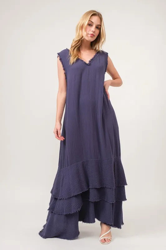 And The Why Washed Cotton Gauze Fringe Detail Tiered Dress
