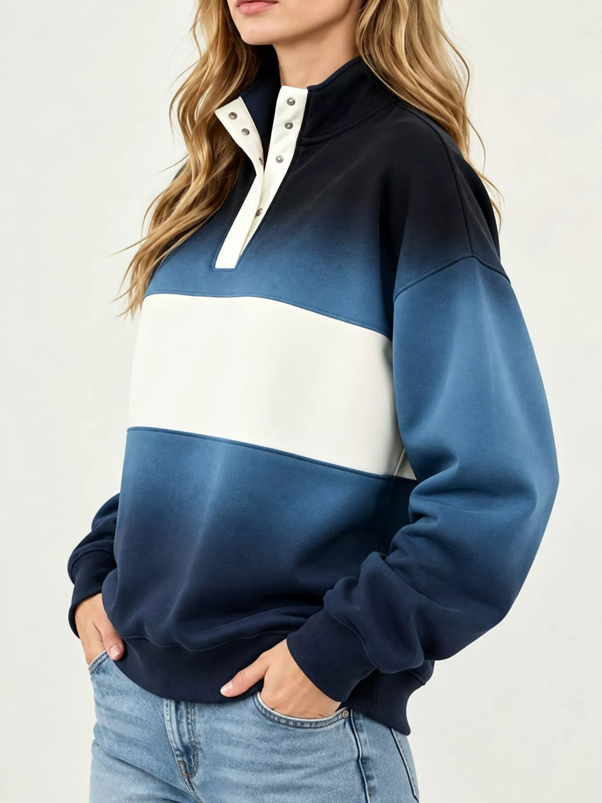 Full Size Color Block Snap-Button Sweatshirt Plus Size