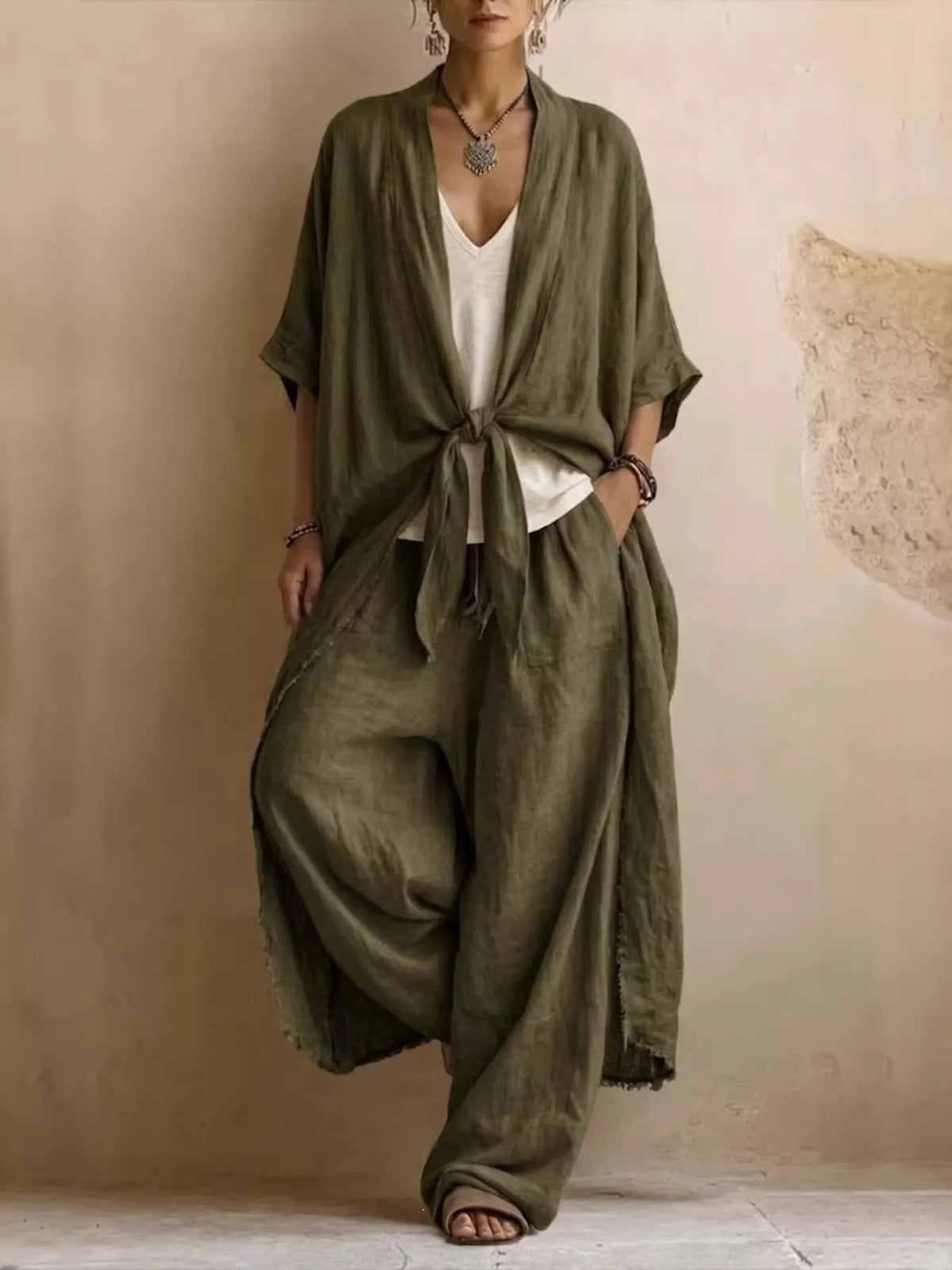 Full Size Tie-Front Cardigan and Wide-Leg Pants Set Plus Size