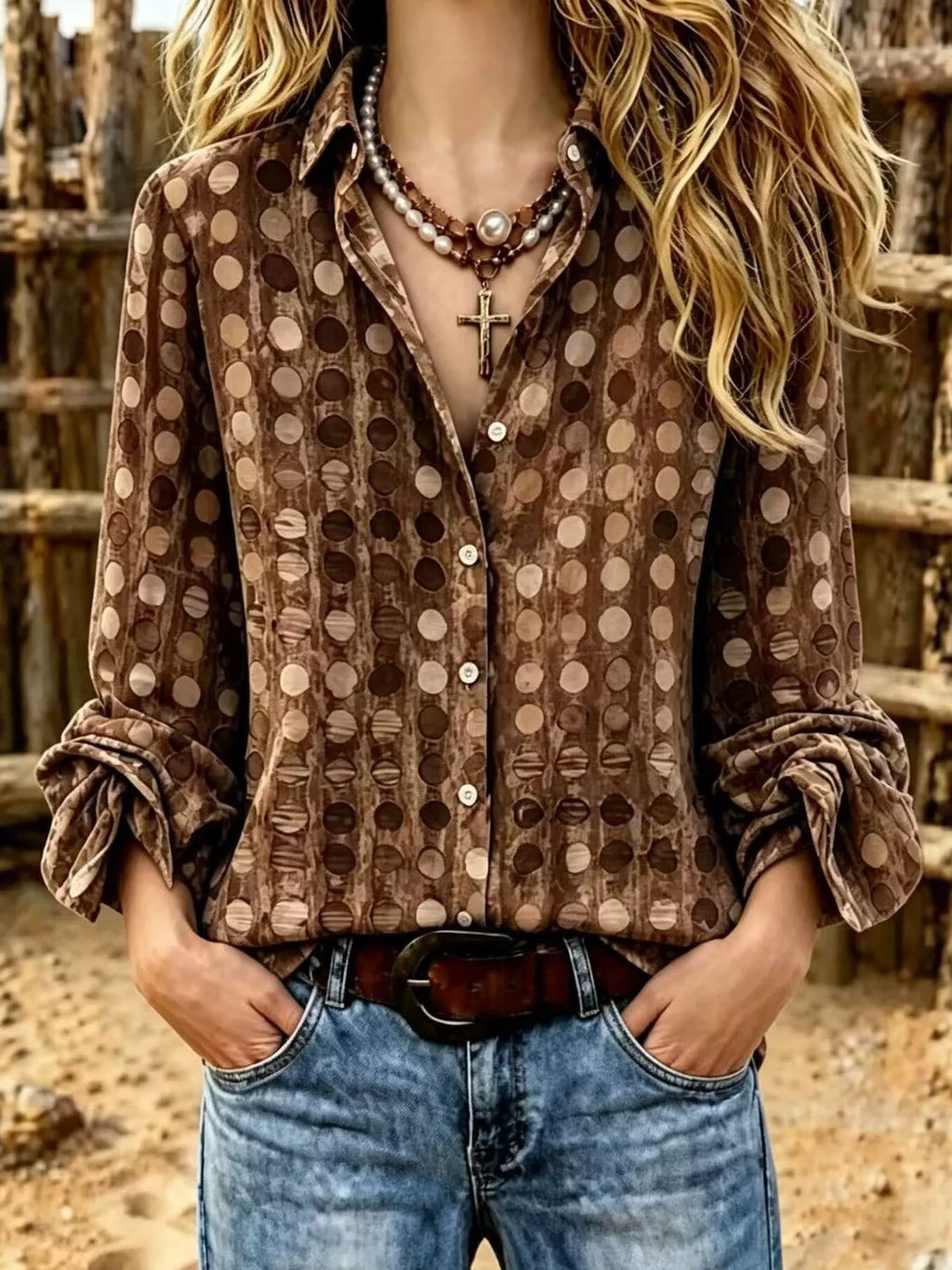 Full Size Circle Pattern Long Sleeve Shirt Plus Size