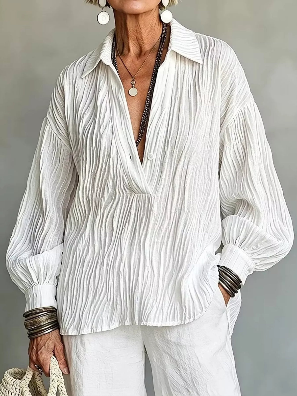 Full Size Texture Long Sleeve Blouse Plus Size