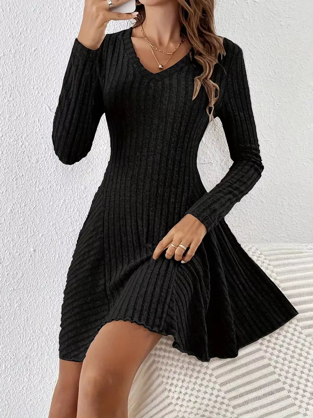 V-Neck Ribbed Knit A-Line Dress