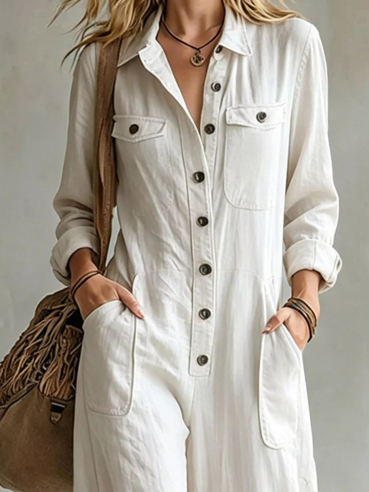 Full Size Long Sleeve Button Front Jumpsuit Plus Size