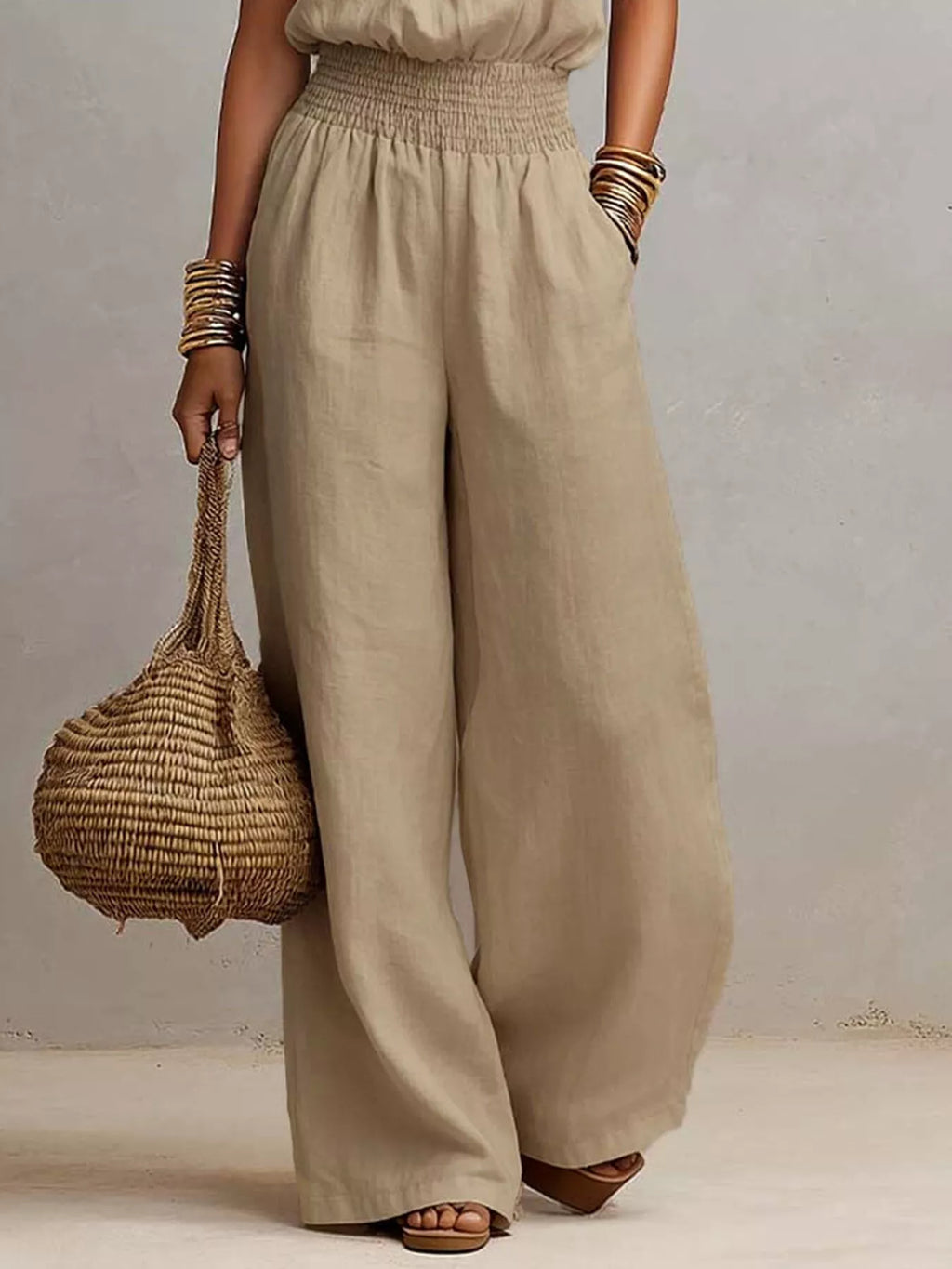 Halter Neck Wide-Leg Jumpsuit with Smocked Waist