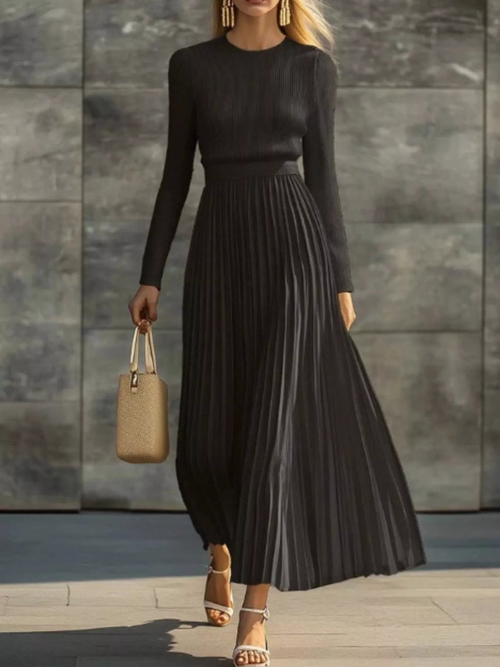 Ribbed Knit Pleated Midi Dress