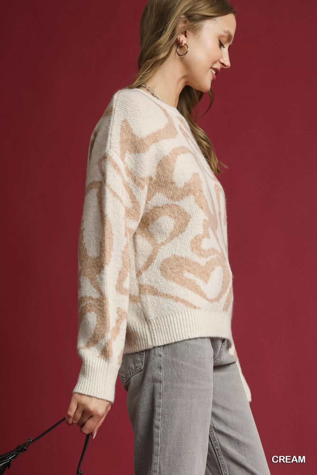 Umgee Heart Print Crew Neck Sweater