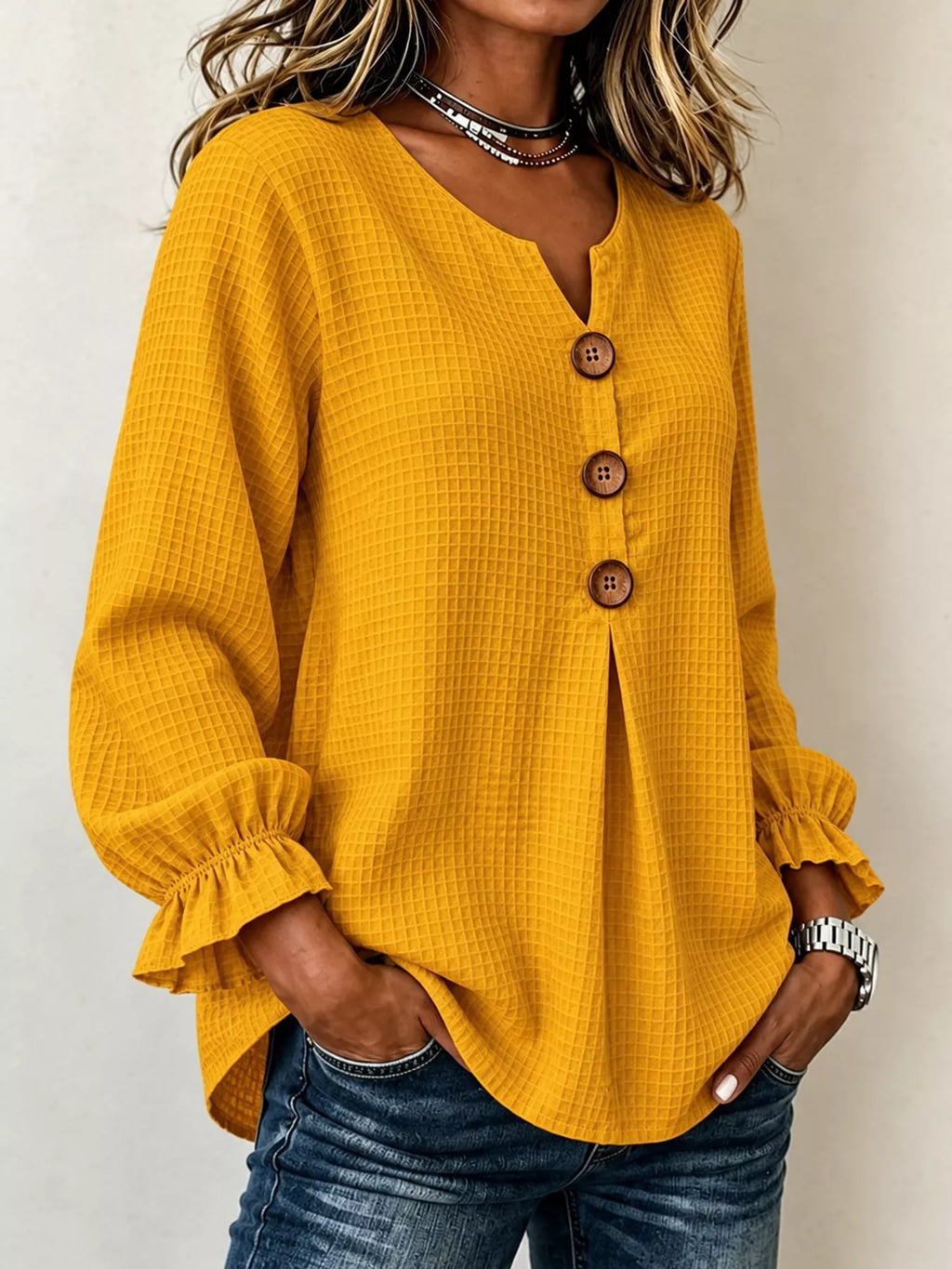 Full Size Waffle Knit Flounce Sleeve Blouse Plus Size