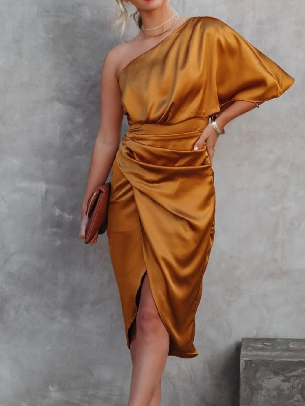 One-Shoulder Satin Wrap Dress with Side Slit