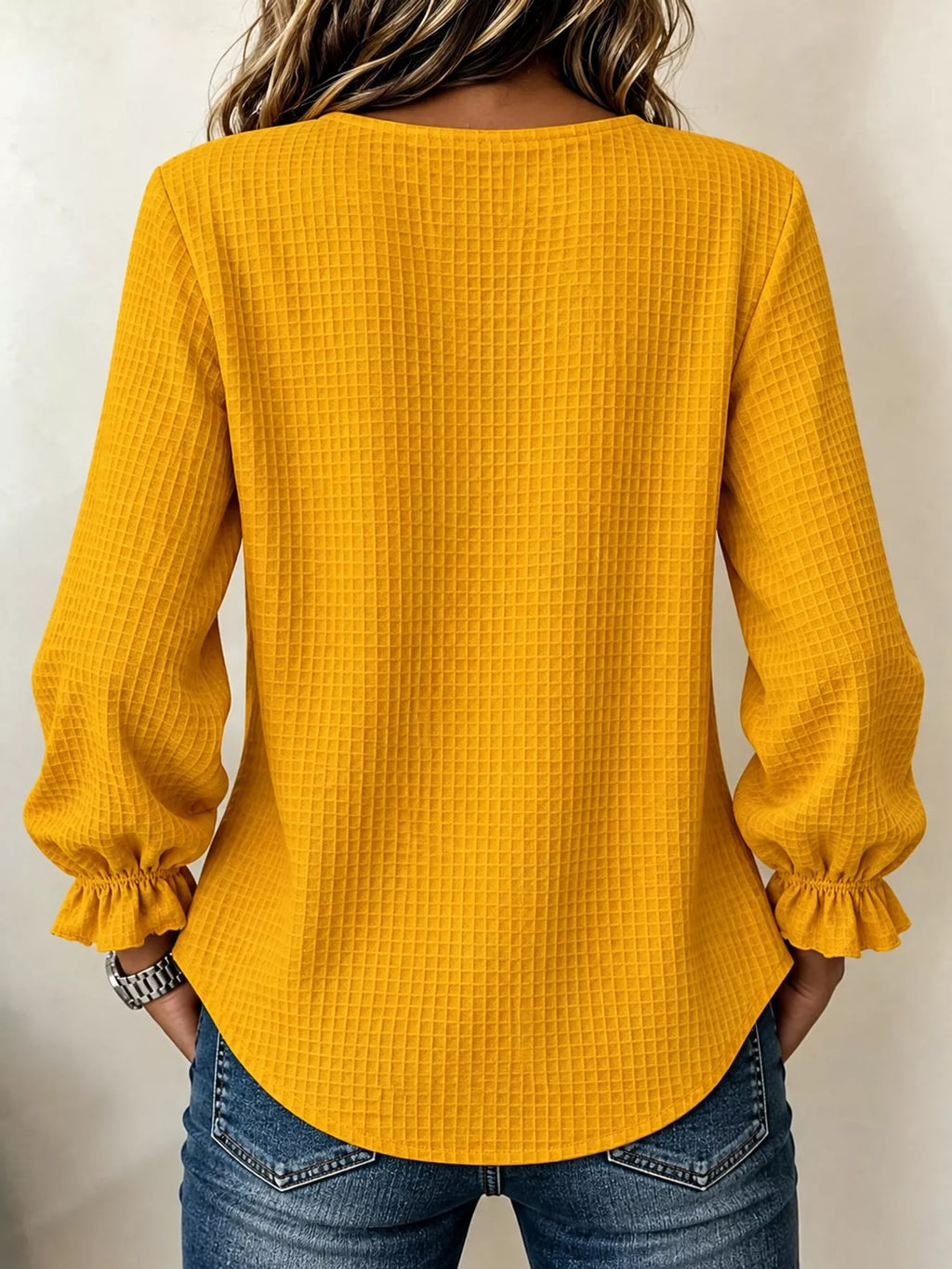 Full Size Waffle Knit Flounce Sleeve Blouse Plus Size