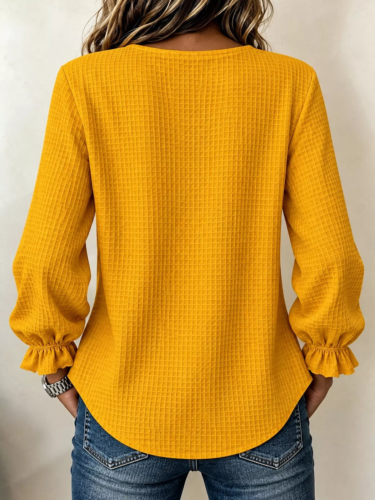 Full Size Waffle Knit Flounce Sleeve Blouse Plus Size