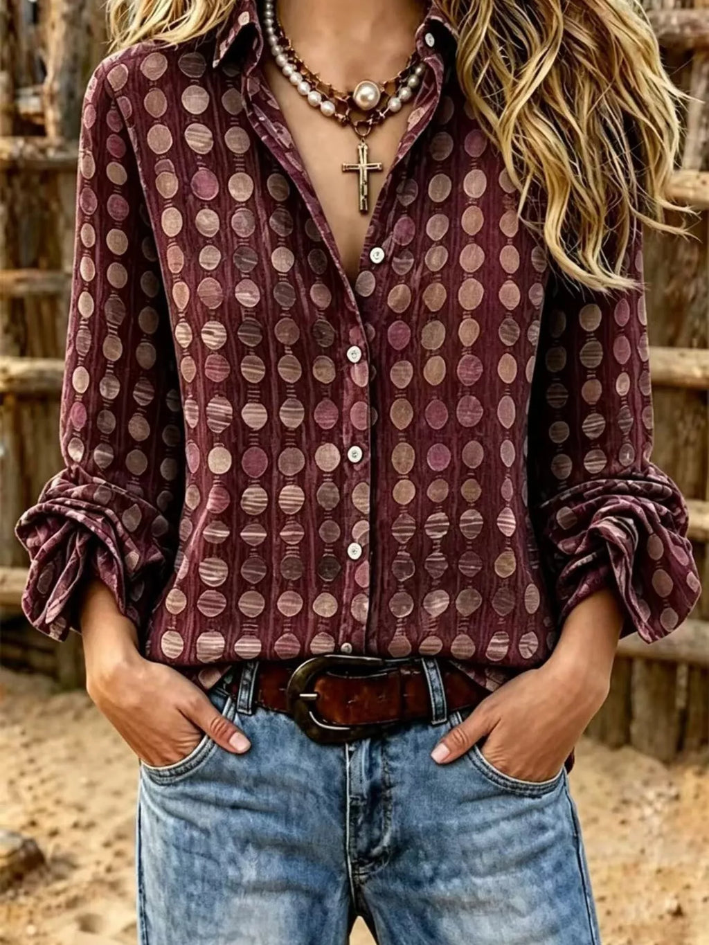 Full Size Circle Pattern Long Sleeve Shirt Plus Size