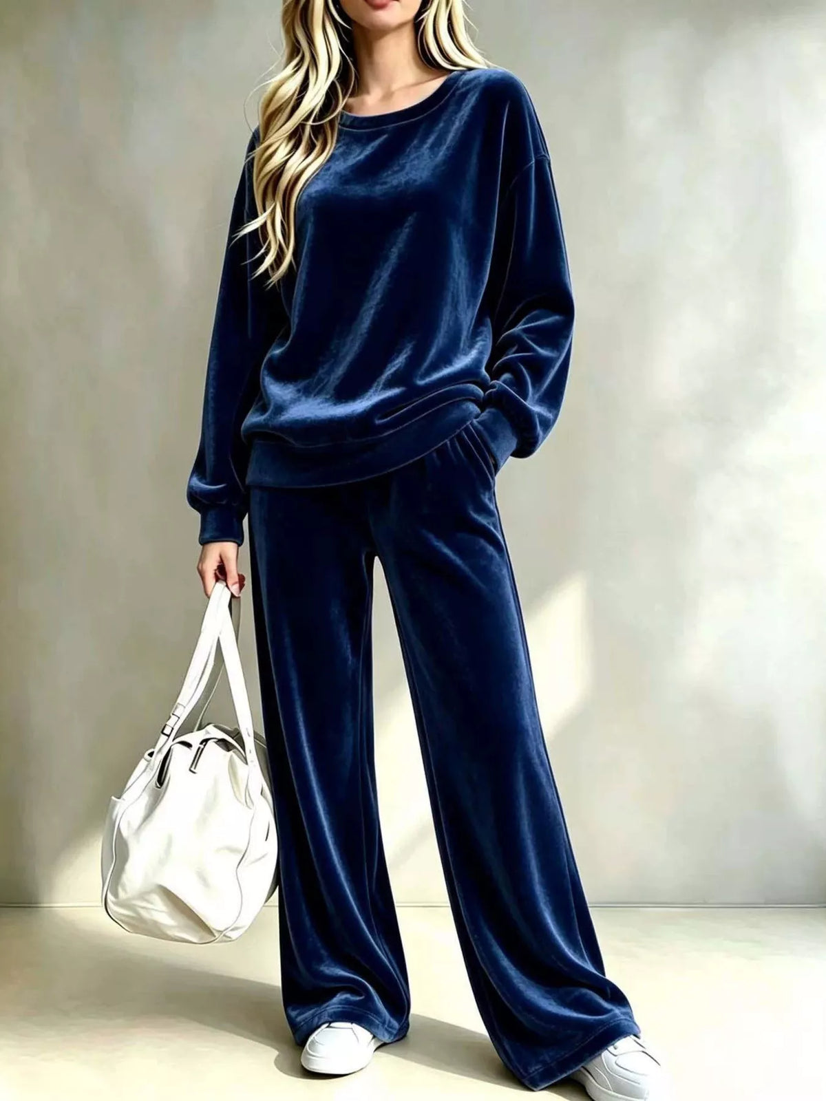 Full Size Velvet Dropped Shoulder Top and Wide-Leg Pants Set Plus Size