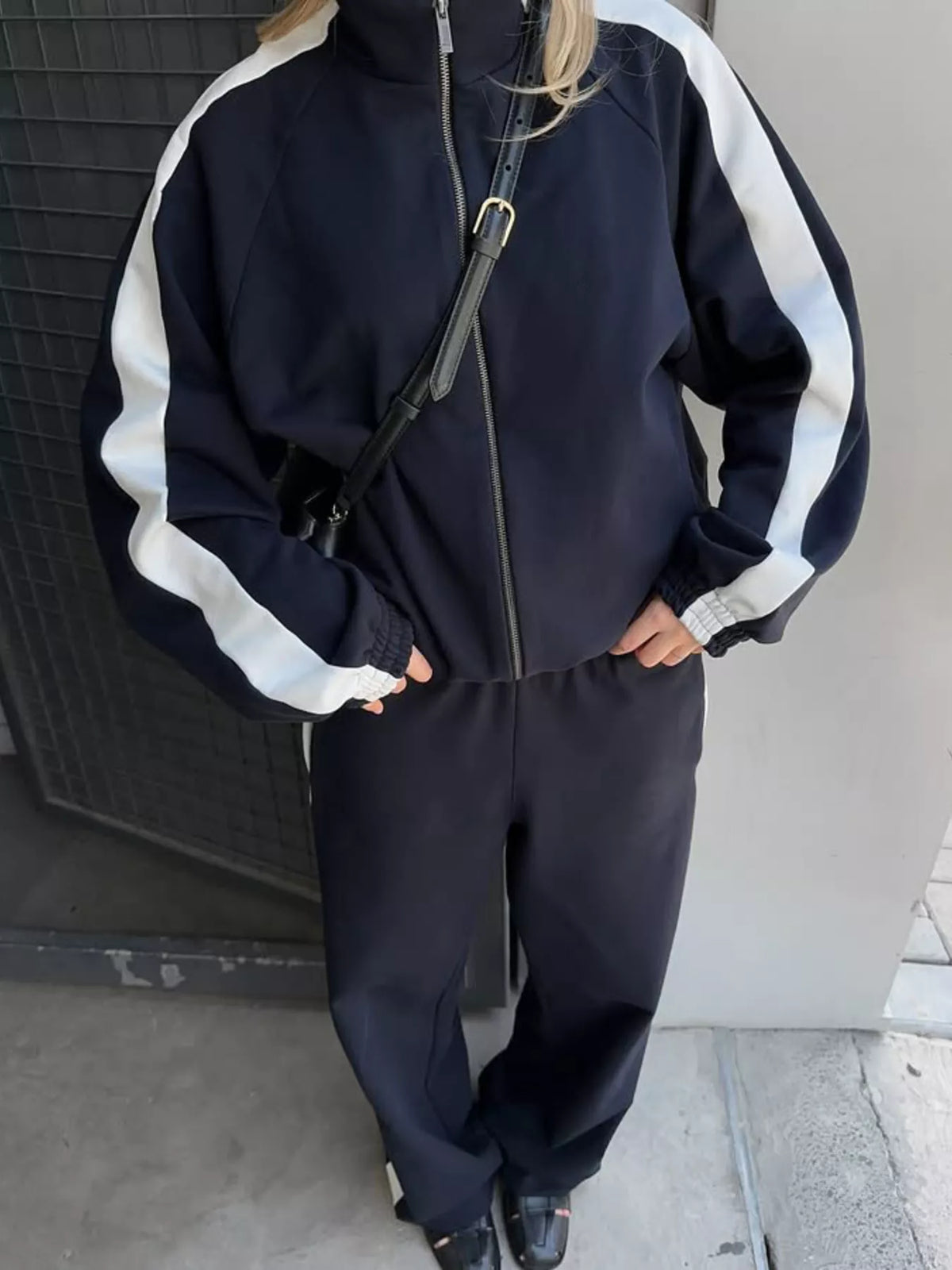 Contrast Side Stripe Zip Up Top and Pants Set