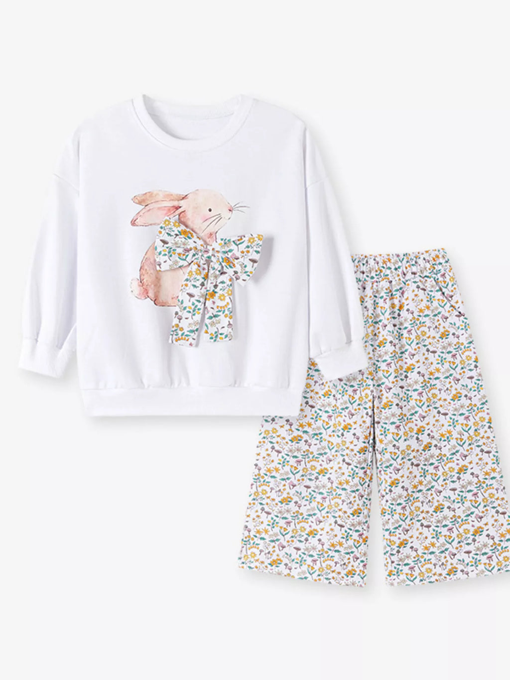 Children's Bunny Graphic Sweatshirt and Floral Wide-Leg Pant Set